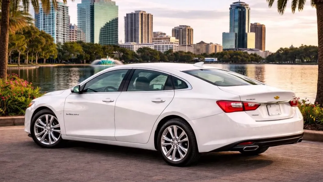 Chevrolet Malibu 2023 de lado, flota de Pick'N Go Rent A Car en Orlando