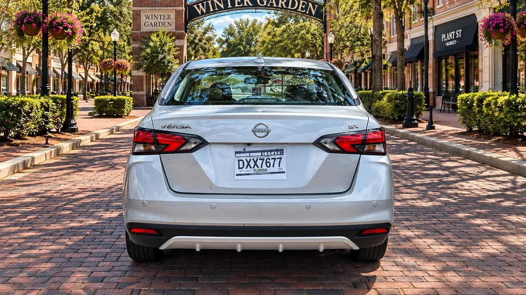 Nissan Versa 2024 de lado, flota de Pick'N Go Rent A Car en Orlando